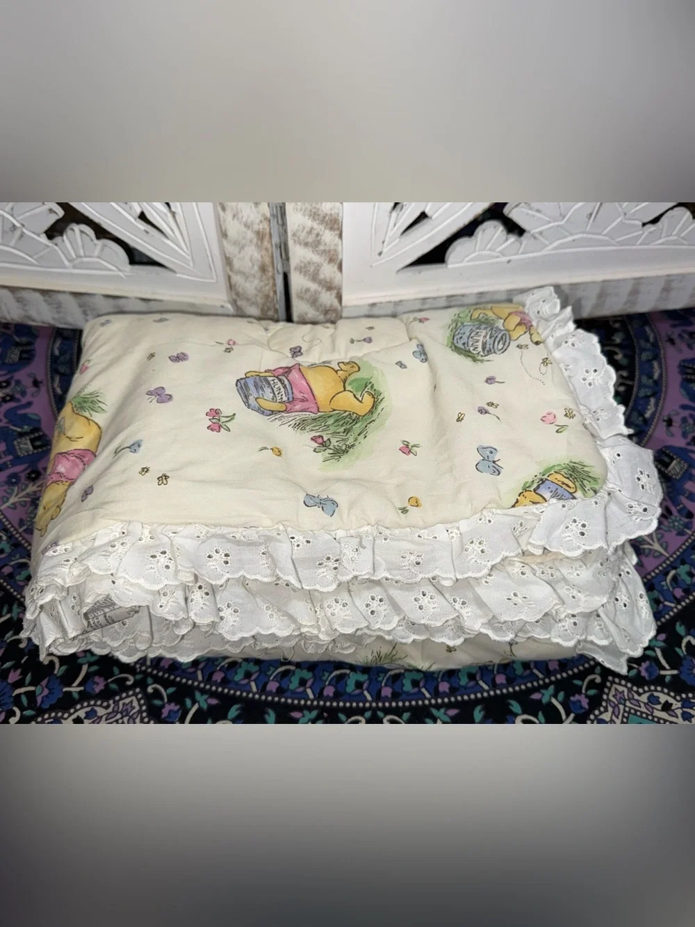 Disney Winnie the Pooh Cream Throw with Pastel Accents and Lace Trim